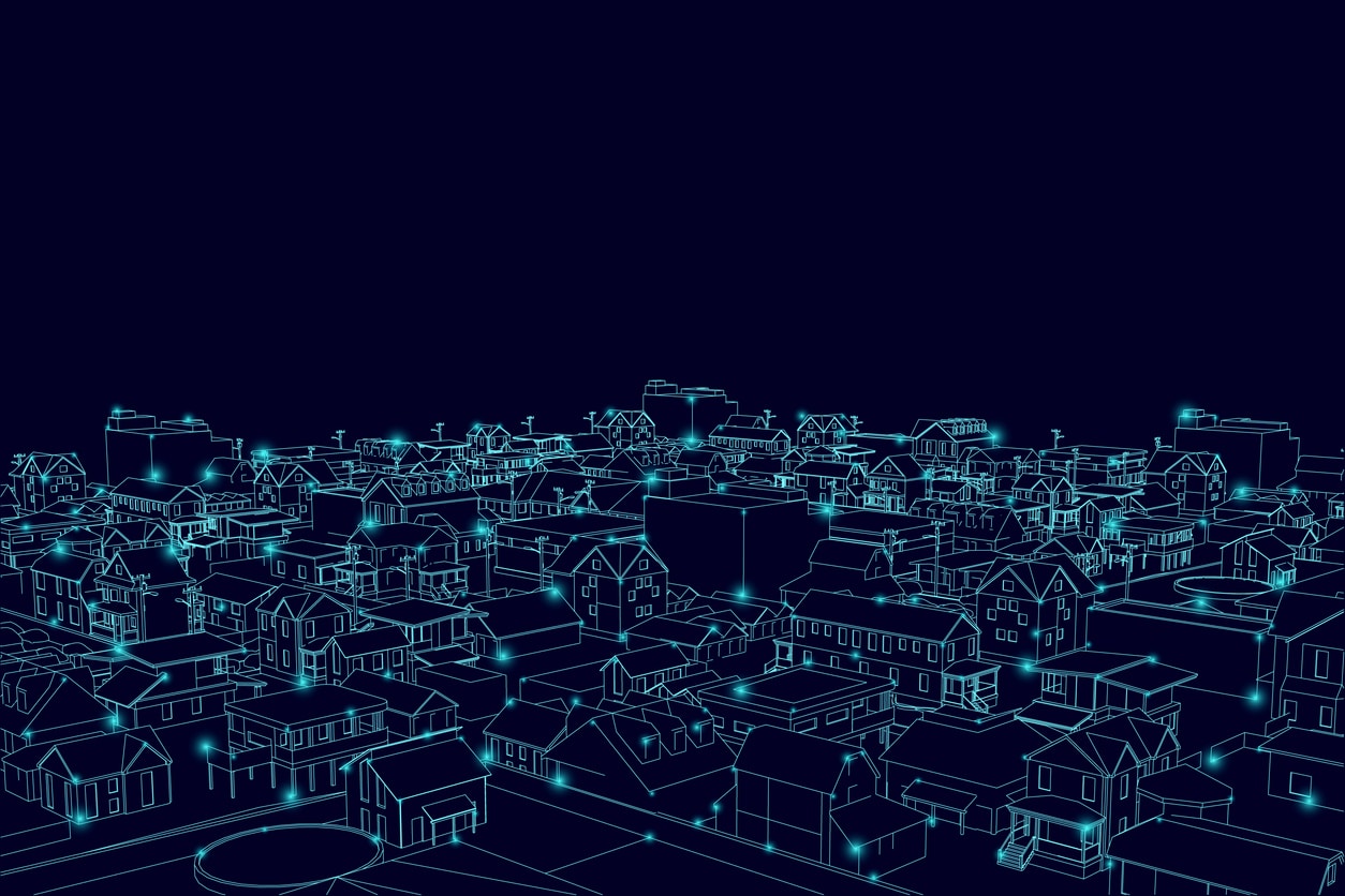 Outline of a city made of blue lines with glowing lights made of blue lines isolated on a dark background\. Vector illustration\.